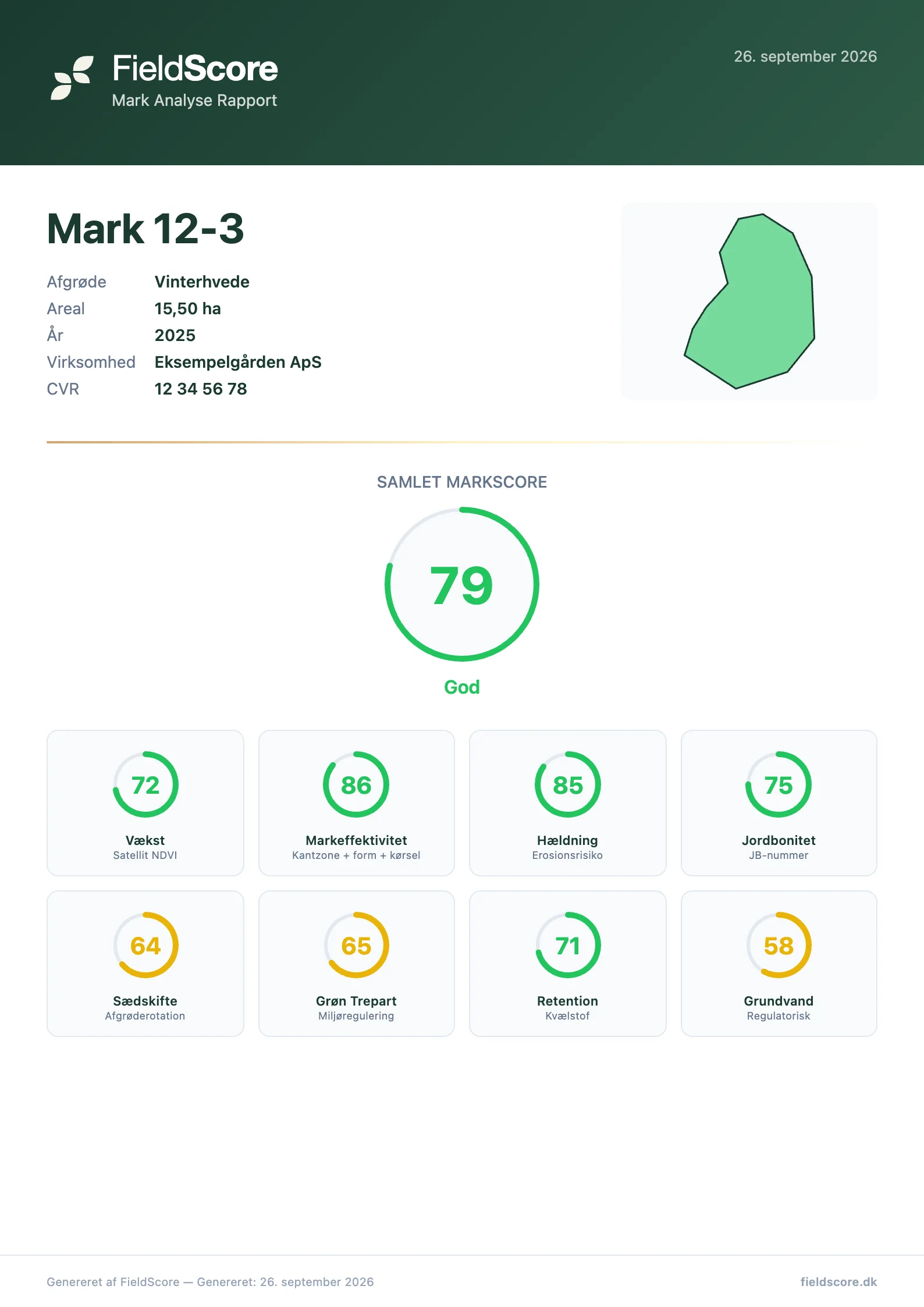 Rapportens forside: Mark 12-3 med samlet markscore 79 og otte delscorer